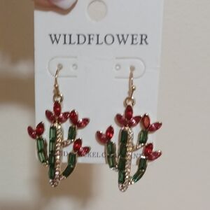 Wildflower Cactus Earrings with Red and Green Gems